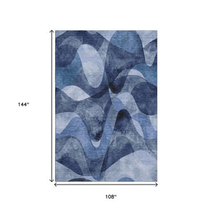 HomeRoots 9' X 12' Navy Blue & Ivory Abstract Area Rug - Washable, Stain Resistant, UV Protected & Durable Design 648087