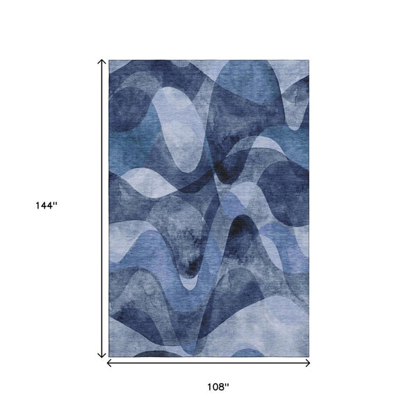 HomeRoots 9' X 12' Navy Blue & Ivory Abstract Area Rug - Washable, Stain Resistant, UV Protected & Durable Design 648087