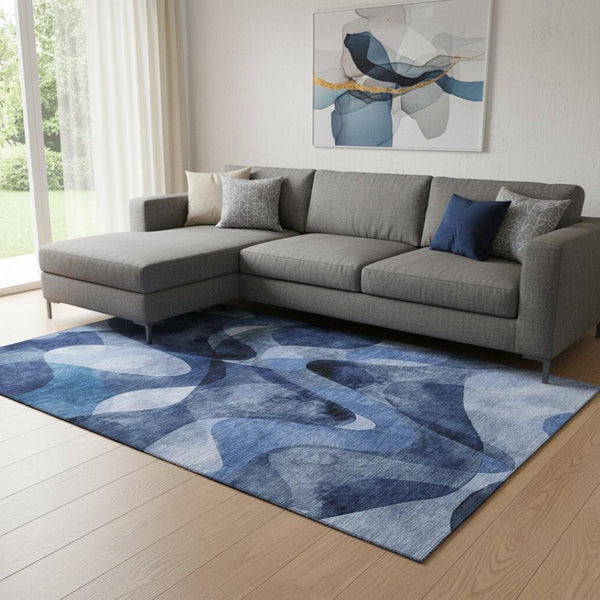 HomeRoots 9' X 12' Navy Blue & Ivory Abstract Area Rug - Washable, Stain Resistant, UV Protected & Durable Design 648087