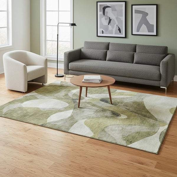 HomeRoots 5' x 8' Abstract Olive Green Gray Ivory Area Rug - Washable, UV-Protected, Stain-Resistant Design! 648090
