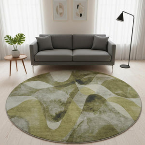 HomeRoots 8' Washable Round Rug in Olive Green, Gray & Ivory - Durable, UV-Protected, Perfect for Busy Homes! 648091