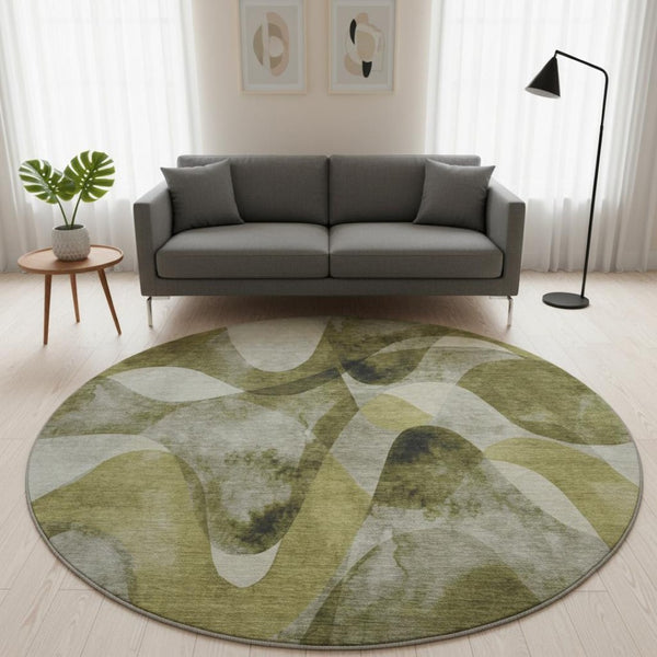 HomeRoots 8' Washable Round Rug in Olive Green, Gray & Ivory - Durable, UV-Protected, Perfect for Busy Homes! 648091