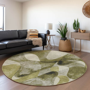 HomeRoots 8' Washable Round Rug in Olive Green, Gray & Ivory - Durable, UV-Protected, Perfect for Busy Homes! 648091