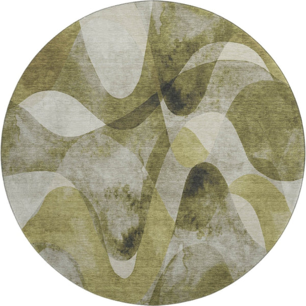 HomeRoots 8' Washable Round Rug in Olive Green, Gray & Ivory - Durable, UV-Protected, Perfect for Busy Homes! 648091