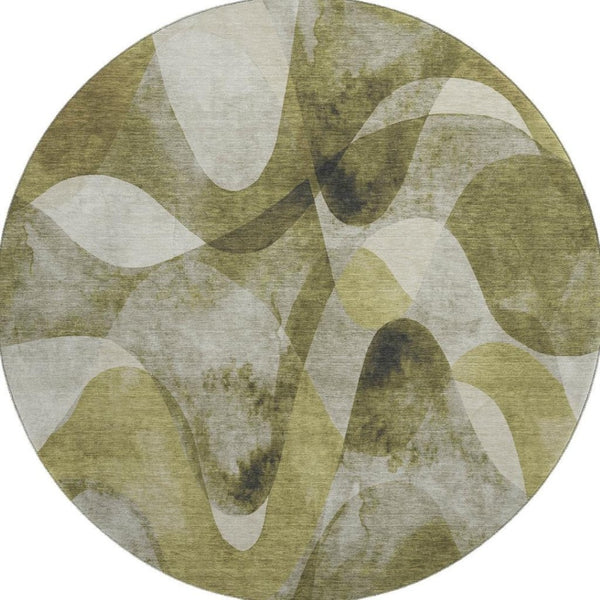 HomeRoots 8' Washable Round Rug in Olive Green, Gray & Ivory - Durable, UV-Protected, Perfect for Busy Homes! 648091