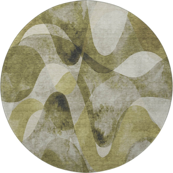 HomeRoots 8' Washable Round Rug in Olive Green, Gray & Ivory - Durable, UV-Protected, Perfect for Busy Homes! 648091
