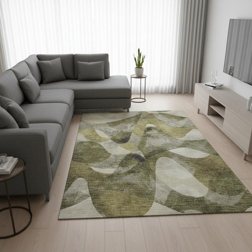 HomeRoots 8' X 10' Stylish Olive Green, Gray & Ivory Abstract Washable Area Rug with UV Protection & Comfort 648092