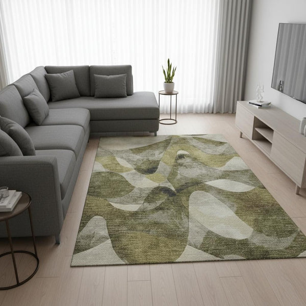 HomeRoots 8' X 10' Stylish Olive Green, Gray & Ivory Abstract Washable Area Rug with UV Protection & Comfort 648092