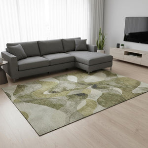 HomeRoots 9' X 12' Modern Abstract Area Rug in Olive Green, Gray & Ivory – Washable, UV Protected & Stain-Resistant 648093