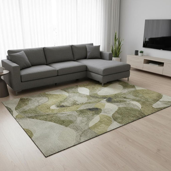 HomeRoots 9' X 12' Modern Abstract Area Rug in Olive Green, Gray & Ivory – Washable, UV Protected & Stain-Resistant 648093
