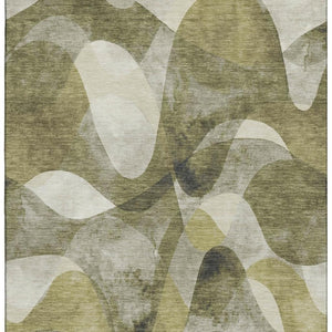 HomeRoots 9' X 12' Modern Abstract Area Rug in Olive Green, Gray & Ivory – Washable, UV Protected & Stain-Resistant 648093