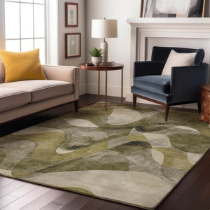 HomeRoots 9' X 12' Modern Abstract Area Rug in Olive Green, Gray & Ivory – Washable, UV Protected & Stain-Resistant 648093