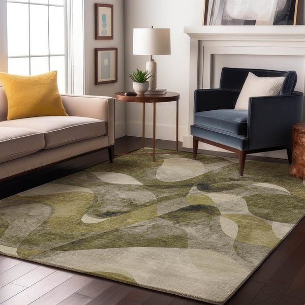 HomeRoots 9' X 12' Modern Abstract Area Rug in Olive Green, Gray & Ivory – Washable, UV Protected & Stain-Resistant 648093