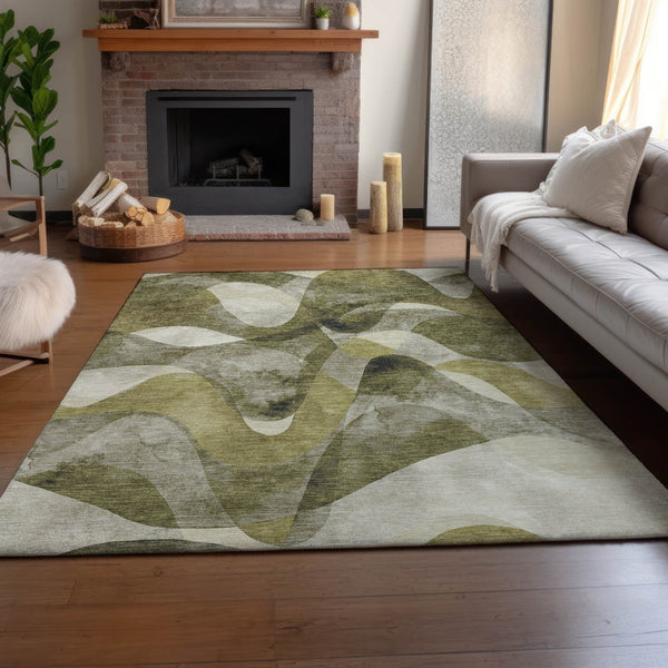 HomeRoots 9' X 12' Modern Abstract Area Rug in Olive Green, Gray & Ivory – Washable, UV Protected & Stain-Resistant 648093