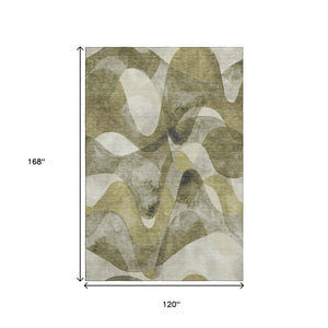 HomeRoots 10' X 14' Modern Abstract Washable Area Rug in Olive Green, Gray & Ivory with UV Protection & Durability 648094