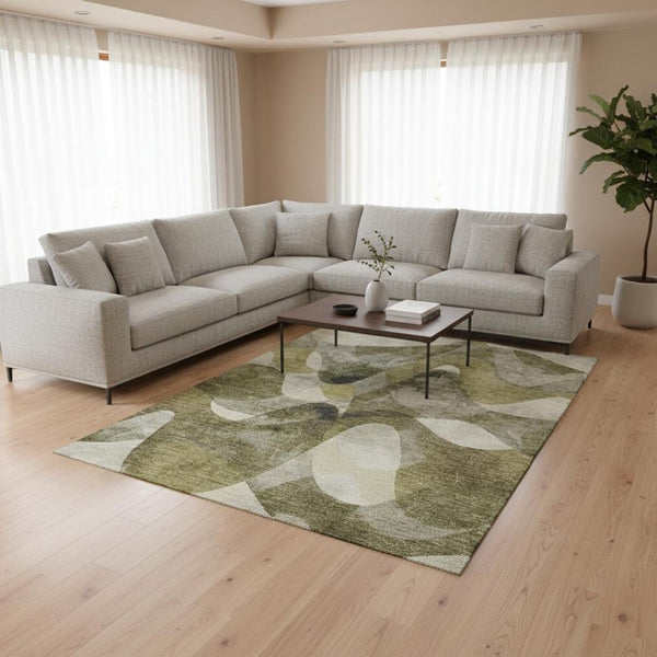 HomeRoots 10' X 14' Modern Abstract Washable Area Rug in Olive Green, Gray & Ivory with UV Protection & Durability 648094