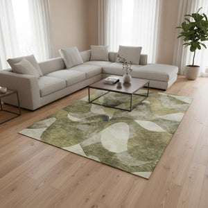 HomeRoots 10' X 14' Modern Abstract Washable Area Rug in Olive Green, Gray & Ivory with UV Protection & Durability 648094