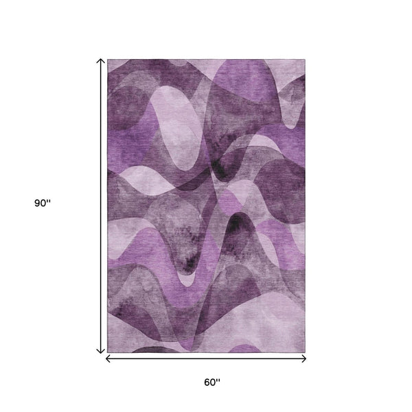 HomeRoots 5' X 8' Modern Purple and Ivory Abstract Washable Area Rug with UV Protection for Easy Care and Style 648096