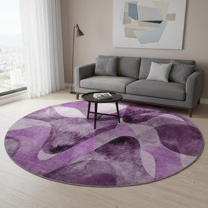 HomeRoots 8' Modern Abstract Purple & Ivory Washable Round Rug with UV Protection for Stylish Living Spaces 648097
