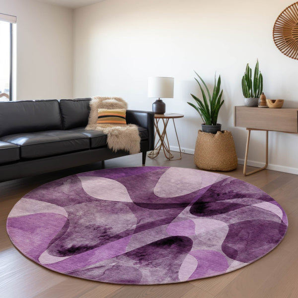 HomeRoots 8' Modern Abstract Purple & Ivory Washable Round Rug with UV Protection for Stylish Living Spaces 648097