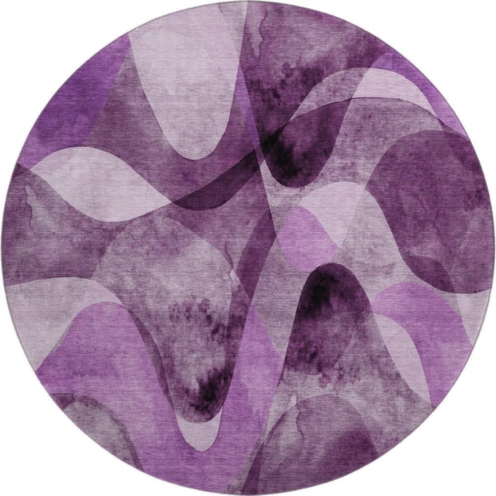 HomeRoots 8' Modern Abstract Purple & Ivory Washable Round Rug with UV Protection for Stylish Living Spaces 648097