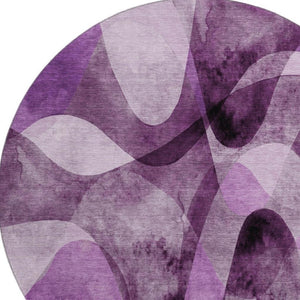 HomeRoots 8' Modern Abstract Purple & Ivory Washable Round Rug with UV Protection for Stylish Living Spaces 648097
