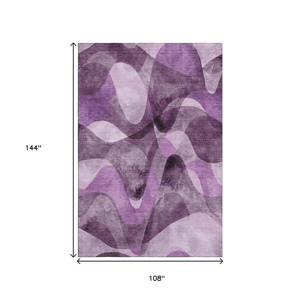 HomeRoots 9' X 12' Stylish Purple & Ivory Abstract Washable Area Rug with UV Protection for High-Traffic Spaces 648099