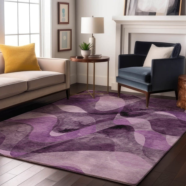 HomeRoots 9' X 12' Stylish Purple & Ivory Abstract Washable Area Rug with UV Protection for High-Traffic Spaces 648099