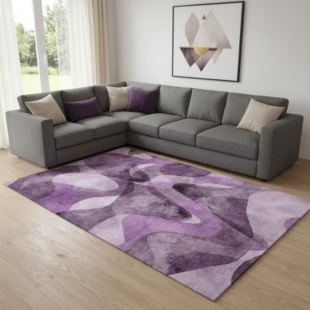 HomeRoots 9' X 12' Stylish Purple & Ivory Abstract Washable Area Rug with UV Protection for High-Traffic Spaces 648099