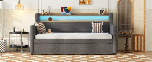 English Elm Twin Size Daybed And Trundle Set With Charging Station, Led Lights, Gray Upholstered Design, Modern Look W1580S00044-GIGA