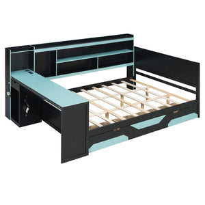 English Elm Queen Gaming Bed Frame with Desk Led Lighting Storage Drawers and Bookcase Headboard Black+Blue LP000290AAC