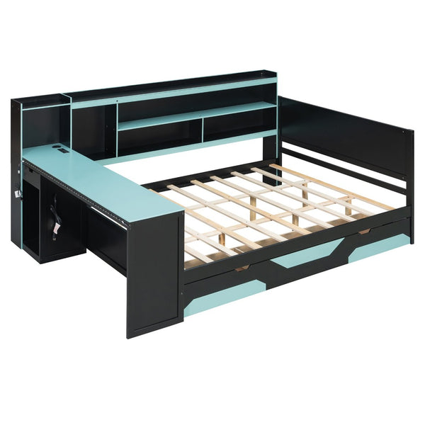 English Elm Queen Gaming Bed Frame with Desk Led Lighting Storage Drawers and Bookcase Headboard Black+Blue LP000290AAC