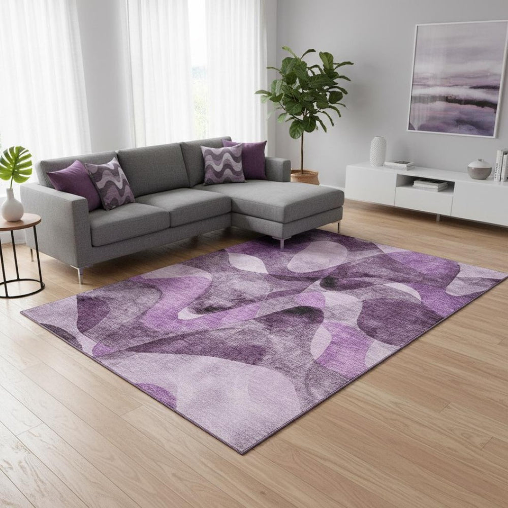 HomeRoots 10' X 14' Stylish Purple & Ivory Abstract Washable Area Rug with UV Protection for Modern Homes 648100