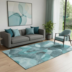 HomeRoots 5' X 8' Teal and Ivory Abstract Washable Area Rug - Stylish, Durable, UV Protected for Modern Homes 648102