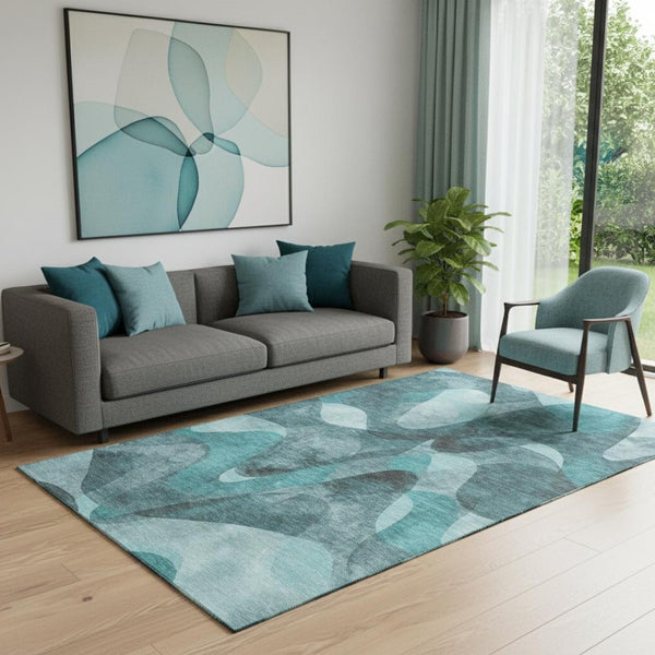 HomeRoots 5' X 8' Teal and Ivory Abstract Washable Area Rug - Stylish, Durable, UV Protected for Modern Homes 648102