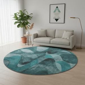 HomeRoots 8' Teal and Ivory Abstract Round Rug - Washable, UV Protected, Stylish, Durable for High-Traffic Areas 648103