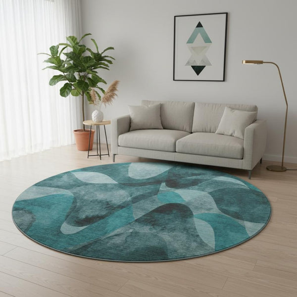 HomeRoots 8' Teal and Ivory Abstract Round Rug - Washable, UV Protected, Stylish, Durable for High-Traffic Areas 648103