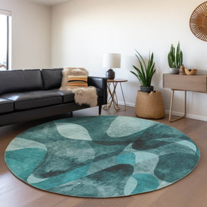 HomeRoots 8' Teal and Ivory Abstract Round Rug - Washable, UV Protected, Stylish, Durable for High-Traffic Areas 648103
