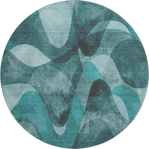HomeRoots 8' Teal and Ivory Abstract Round Rug - Washable, UV Protected, Stylish, Durable for High-Traffic Areas 648103
