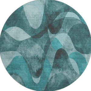 HomeRoots 8' Teal and Ivory Abstract Round Rug - Washable, UV Protected, Stylish, Durable for High-Traffic Areas 648103