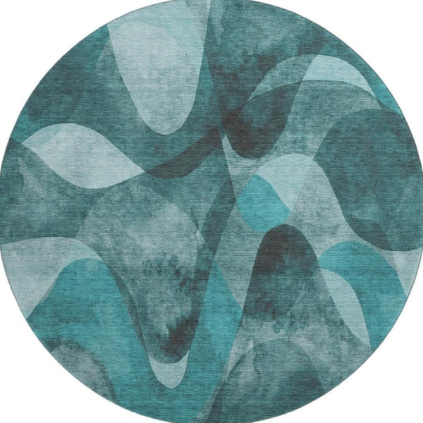 HomeRoots 8' Teal and Ivory Abstract Round Rug - Washable, UV Protected, Stylish, Durable for High-Traffic Areas 648103