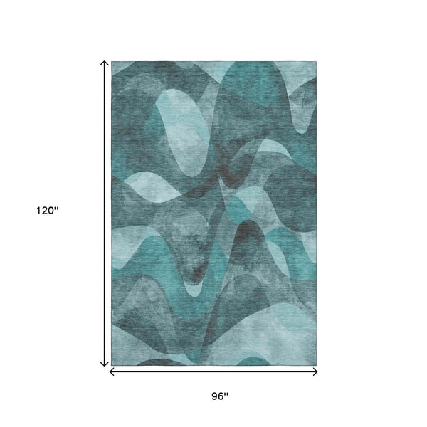 HomeRoots 8' X 10' Teal And Ivory Abstract Washable Area Rug - Durable, UV-Protected, Perfect for Busy Homes! 648104