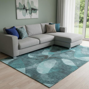 HomeRoots 8' X 10' Teal And Ivory Abstract Washable Area Rug - Durable, UV-Protected, Perfect for Busy Homes! 648104