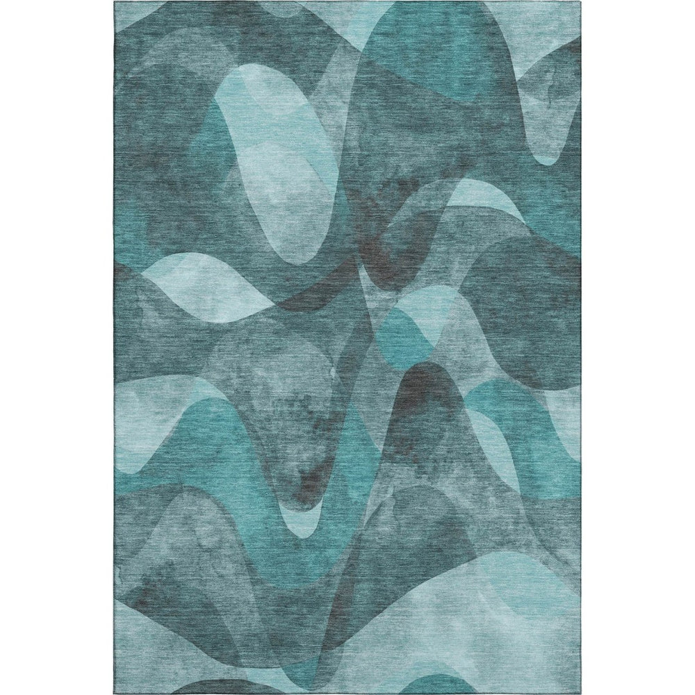 HomeRoots 8' X 10' Teal And Ivory Abstract Washable Area Rug - Durable, UV-Protected, Perfect for Busy Homes! 648104