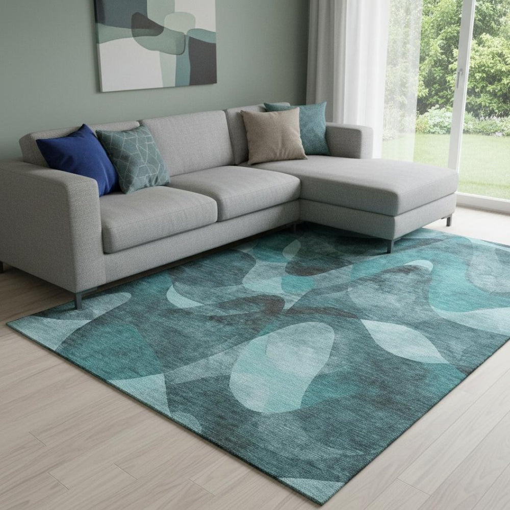HomeRoots 9' X 12' Teal And Ivory Abstract Washable Area Rug - Durable, Stylish, UV-Protected for High-Traffic Spaces 648105