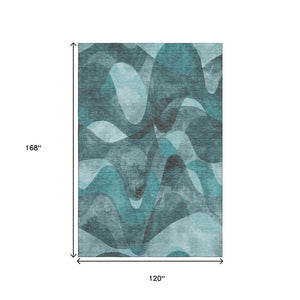 HomeRoots 10' X 14' Teal Abstract Area Rug - Stylish, Washable, UV Protected, & Stain-Resistant for Homes 648106