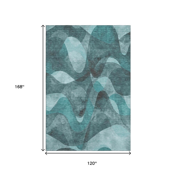 HomeRoots 10' X 14' Teal Abstract Area Rug - Stylish, Washable, UV Protected, & Stain-Resistant for Homes 648106