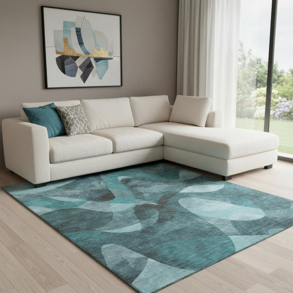 HomeRoots 10' X 14' Teal Abstract Area Rug - Stylish, Washable, UV Protected, & Stain-Resistant for Homes 648106