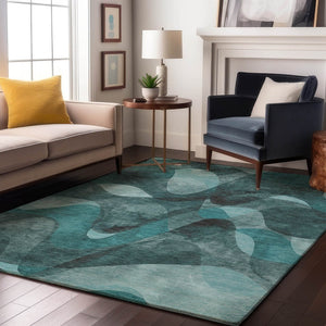 HomeRoots 10' X 14' Teal Abstract Area Rug - Stylish, Washable, UV Protected, & Stain-Resistant for Homes 648106