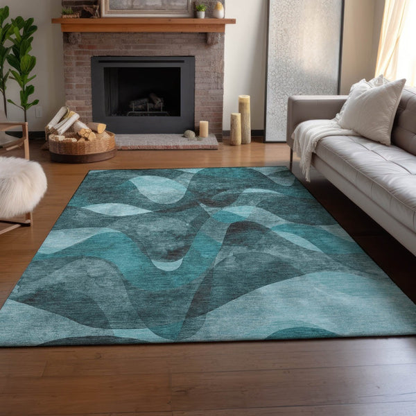 HomeRoots 10' X 14' Teal Abstract Area Rug - Stylish, Washable, UV Protected, & Stain-Resistant for Homes 648106